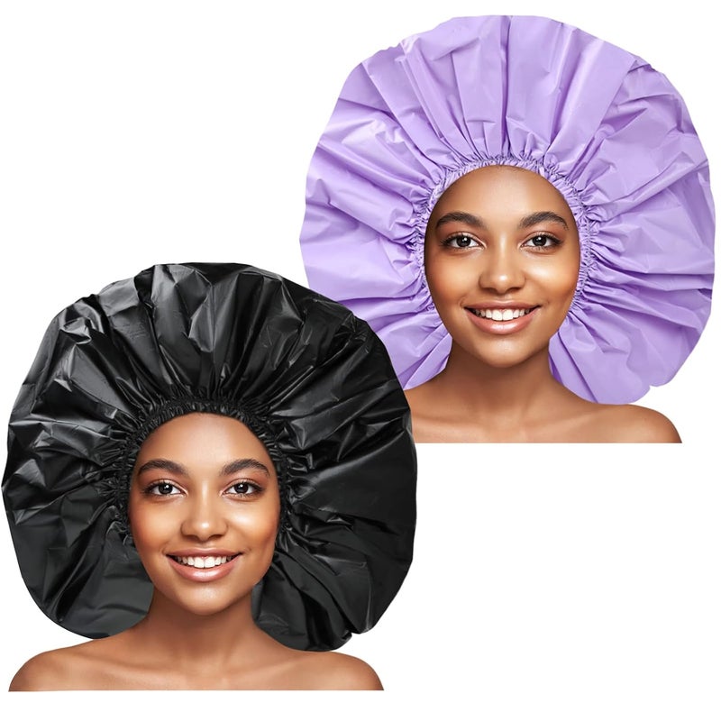 CHFONG Jumbo Size Shower Cap 2 PCS Waterproof Shower Caps for Women, Extra Large Shower Cap, Reusable Super Large Bath Caps Hair Cap for Long Thick Curly Hair, Locs, Twist Braids - Black + Purple - Image 1